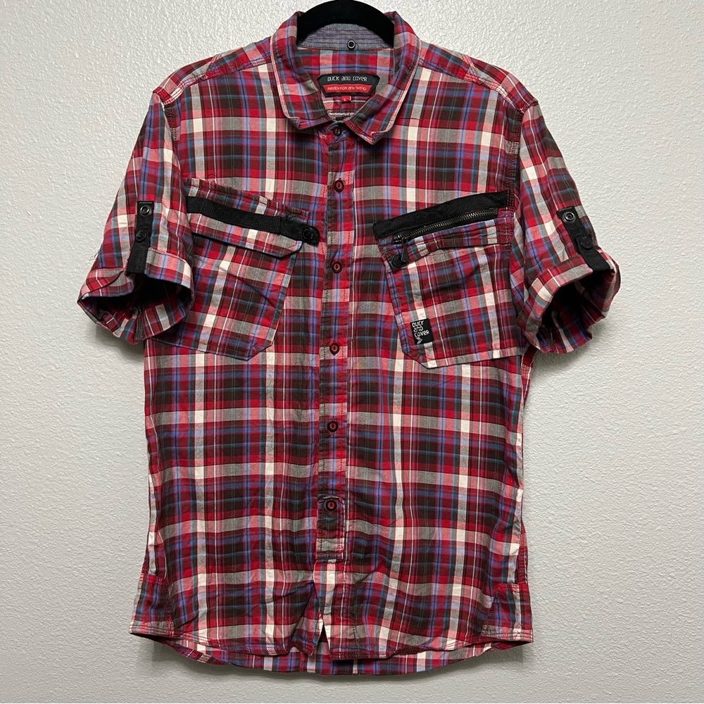 Duck And Cover Red Multicolor Men’s‎ L Cotton Shirt Plaid Zip Pockets Utility